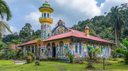 Vibrant Floral Mosque Amidst Lush Green Tropical Foliage