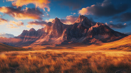 Fototapeta premium Majestic mountain range illuminated by sunset over golden grass fields