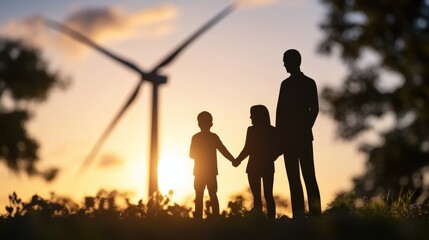 Fototapeta premium A family moment with father and kids standing together in front of a wind turbine, suitable for environmental or renewable energy themed projects