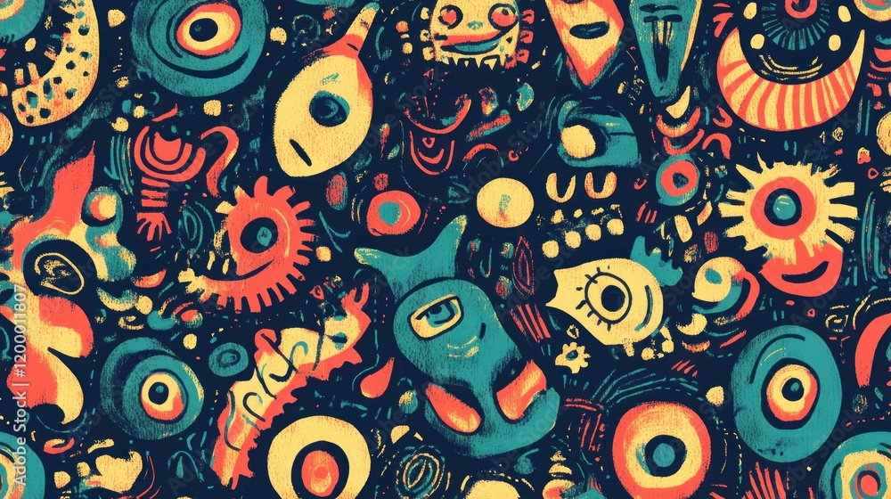 Poster abstract colorful pattern with various shapes and eyes.