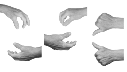 Elderly female hand showing various gestures, including pinch, grab, and thumb up, wrinkled skin, expressive body language in grayscale tones. Isolated on white background.