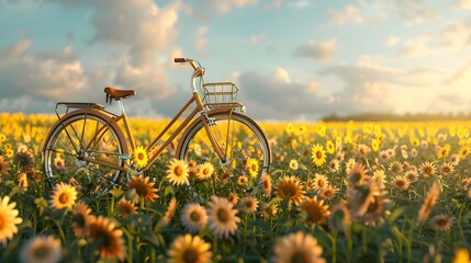 Fototapeta premium Vintage Bicycle Leaning in Sunflower Field at Golden Hour in Serene Countryside