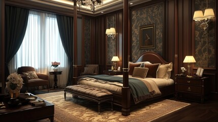 A sophisticated master bedroom with a four-poster bed, designer lamps, and a beautiful accent wall to create a regal vibe.