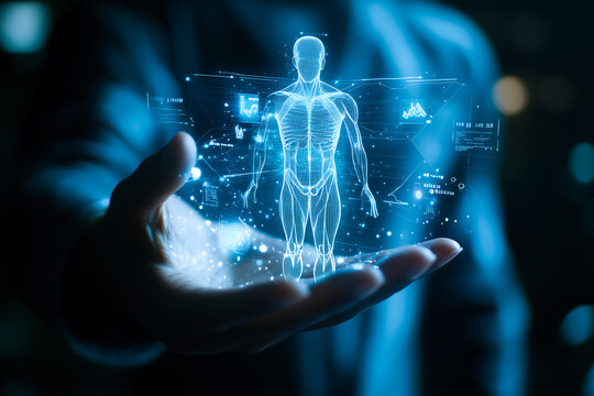 A doctor carefully examines a virtual x-ray projection with focused attention. The integration of advanced technology in medical diagnostics. Generative AI.