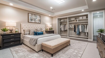 A spacious, luxurious bedroom with a large walk-in closet, elegant furniture, and beautiful decor in a serene environment.
