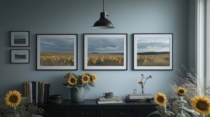 Bright Sunflowers in Framed Pictures Decorate Modern Living Space