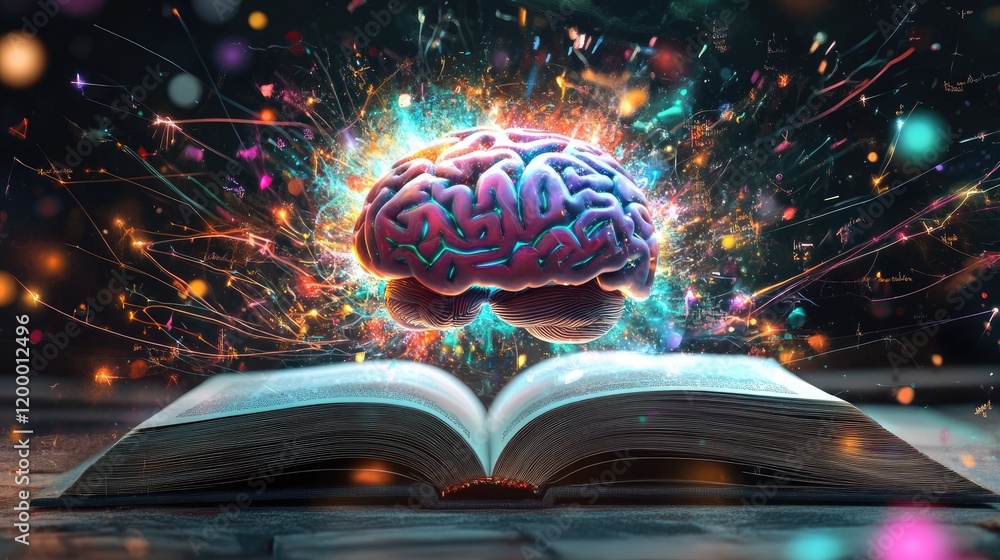 Aufkleber glowing brain emerging from an open book
