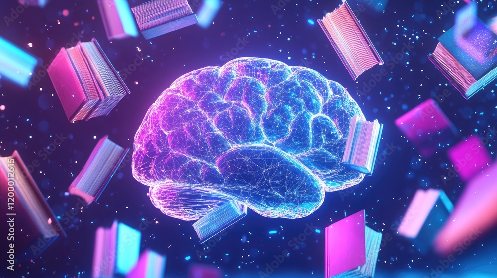 Poster a glowing brain absorbs knowledge from floating books