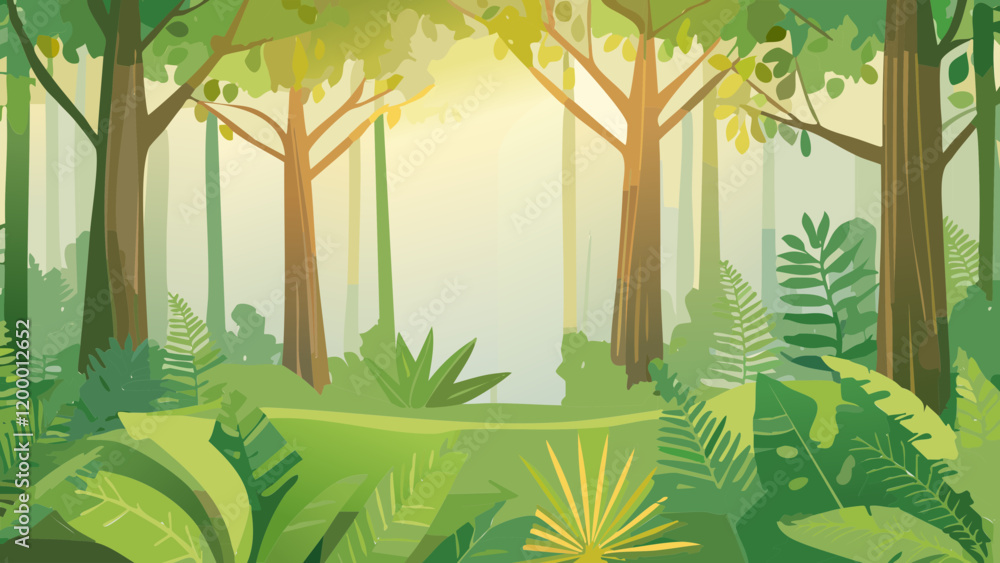 Poster lush green forest with sunlight filtering through trees during daytime in a vibrant natural setting