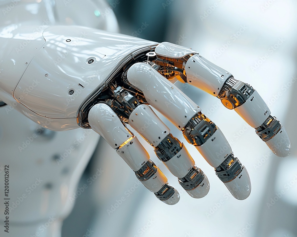 Poster close-up of a robotic hand, showcasing intricate mechanical details and a sleek white design.