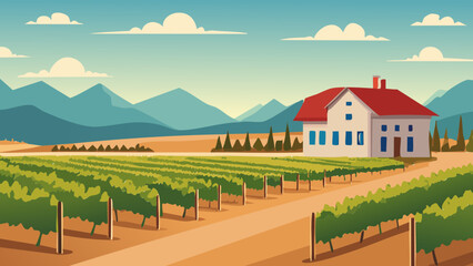 Scenic vineyard landscape with a house and mountains in the background during a clear day