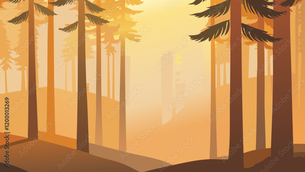 Poster forest landscape at sunset with soft light filtering through the trees
