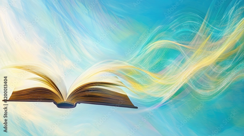 Poster Open Book with Abstract Wavy Lines Flowing From Its Pages