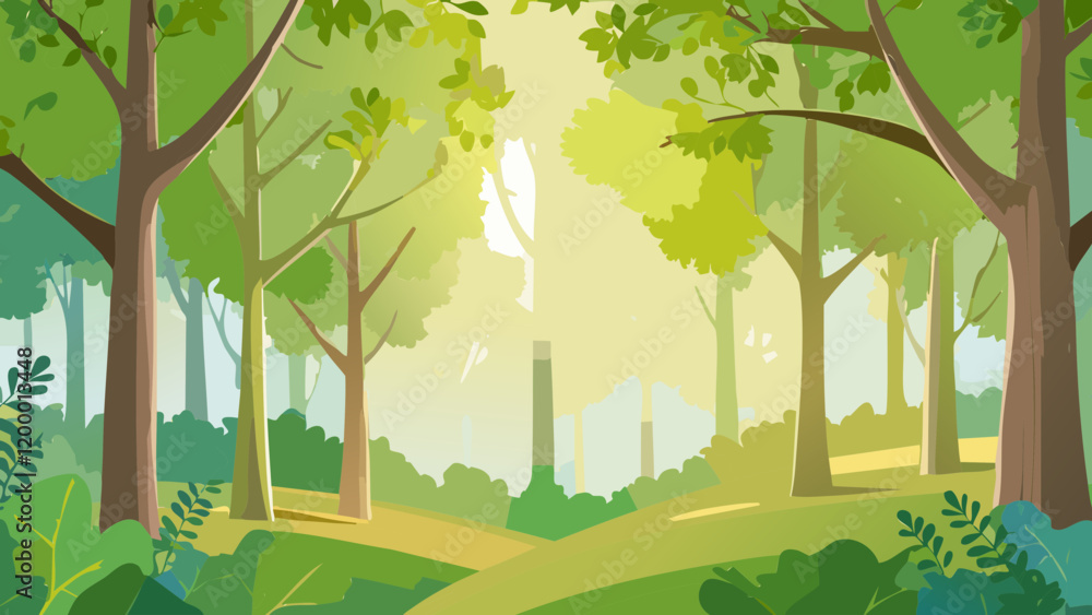 Poster lush green forest pathway illuminated by soft sunlight filters through the trees in a serene morning