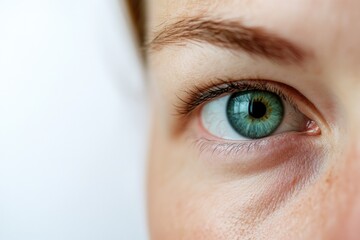 A detailed view of a person's green eye, ideal for use in health and wellness, beauty, or human interest stories