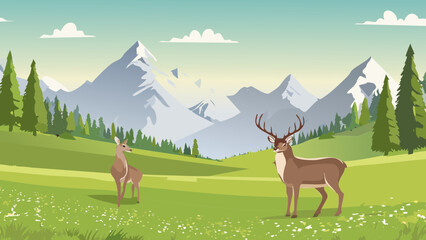 Two deer grazing in a lush valley surrounded by majestic mountains and evergreen trees at sunrise