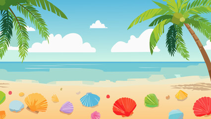 Bright beach scene with colorful seashells and palm trees under a clear sky