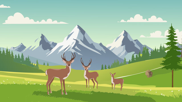 Majestic deer roam freely in a serene mountain landscape with lush greenery and snow-capped peaks