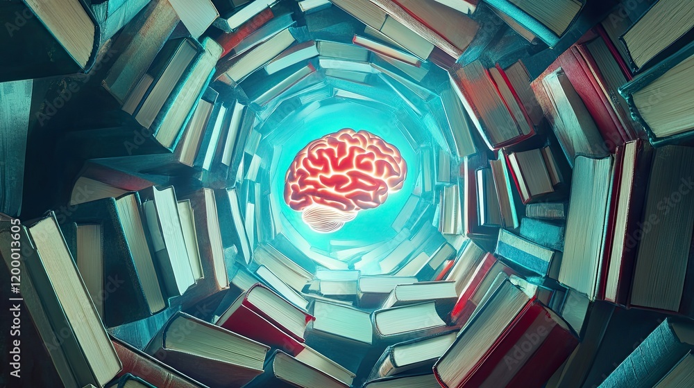 Poster a brain illuminated within a tunnel of books