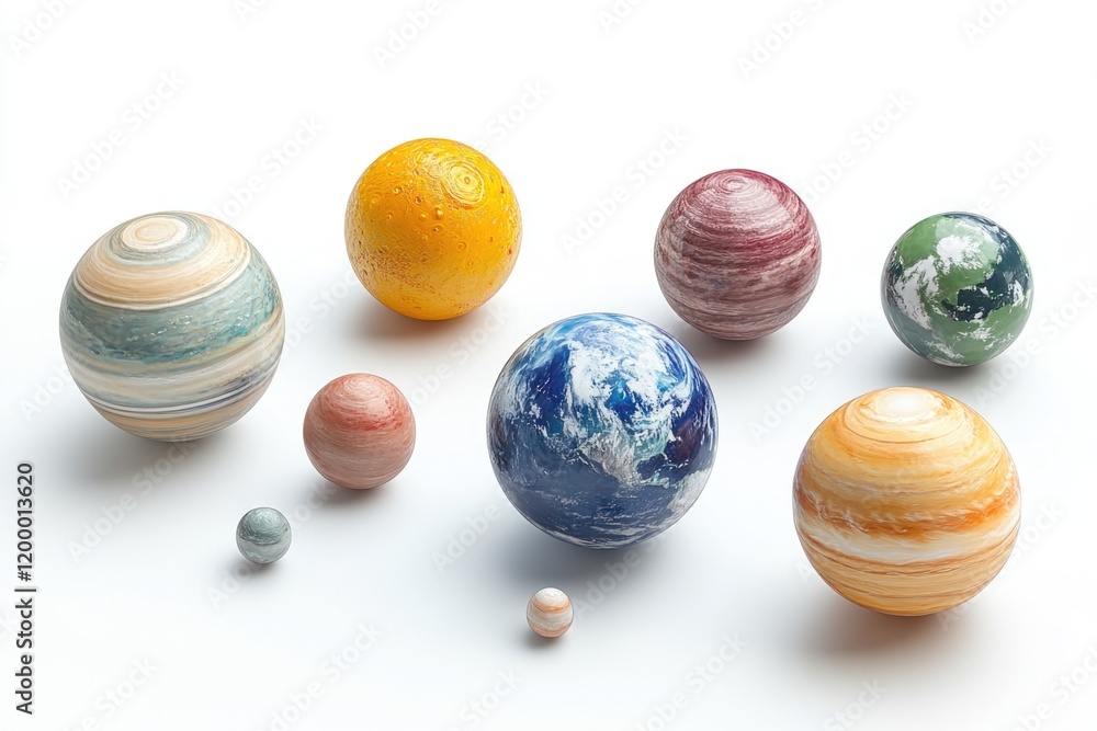 Poster a collection of planets with varying sizes and textures on a clean, white background