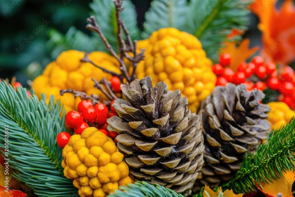 Aufkleber a close-up view of a collection of pine cones on a rustic background