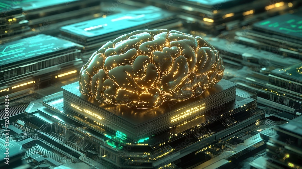Poster a luminous brain rests atop a complex technological circuit board