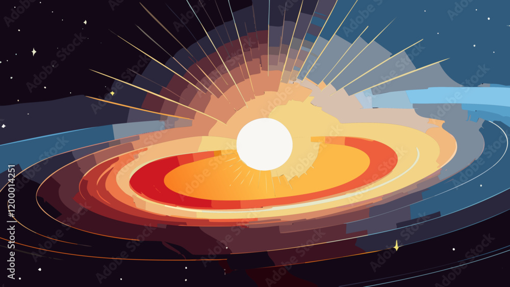 Poster cosmic explosion showcases vibrant colors and dynamic energy around a central star in a captivating 