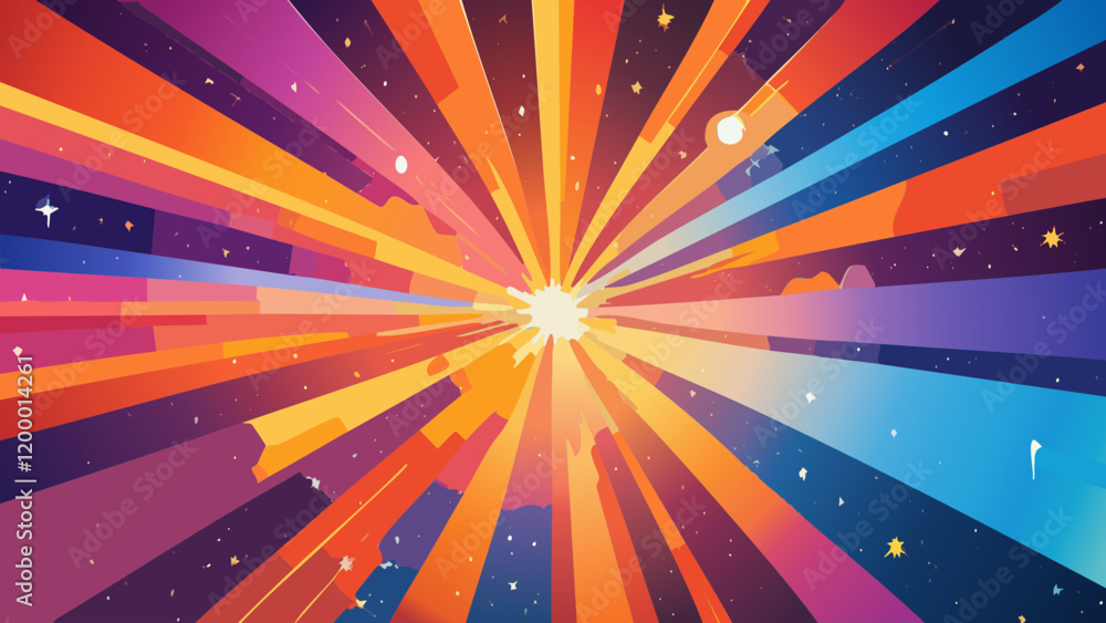 Poster dynamic cosmic explosion with vibrant rays emerging from a central point in an abstract design