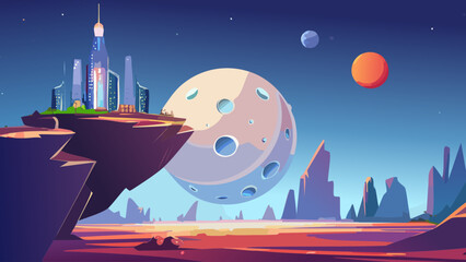 Futuristic cityscape on a distant planet with a large moon and vibrant celestial bodies