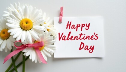 White Daisies Bouquet with Pink Ribbon and Happy Valentine's Day Card on White Background