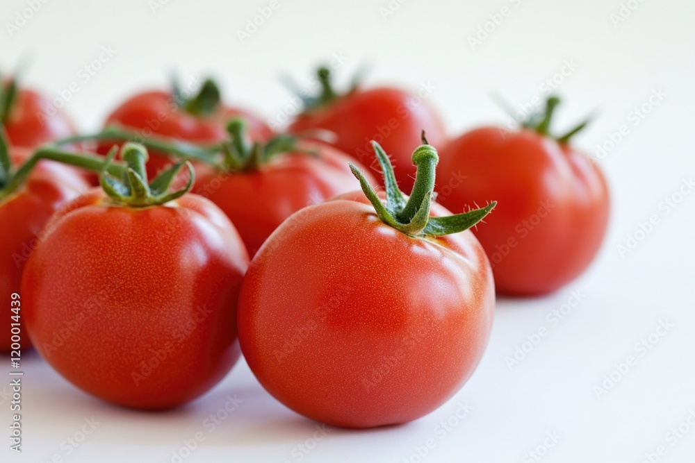 Poster a group of tomatoes siting on a white table, ready for use or display