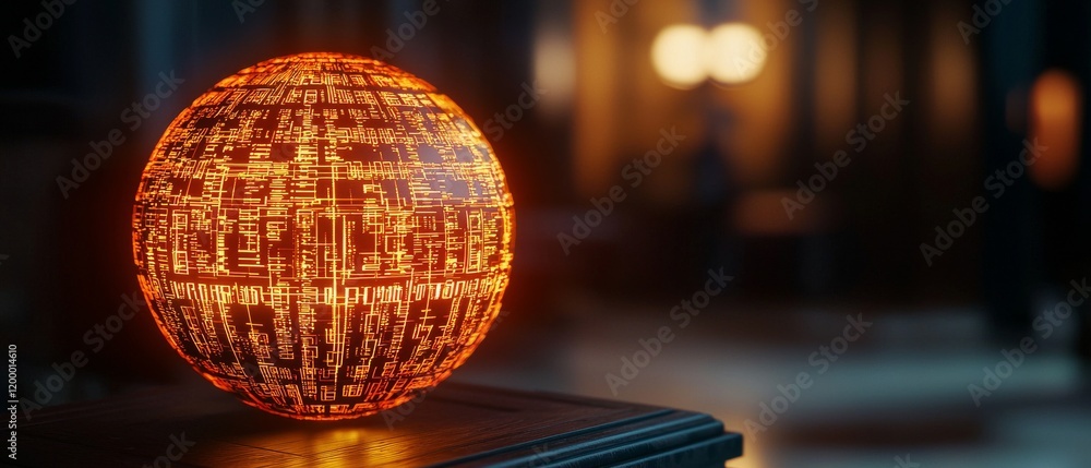 Aufkleber an illuminated spherical device reflecting futuristic designs, symbolizing advanced technology and i