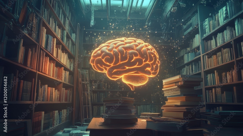 Poster Illuminated Brain Above Stacks Of Books In A Library