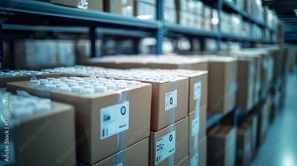 Poster close-up of packed crates and boxes, each marked with pill symbols, ready for dispatch in a sterile 