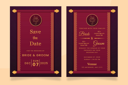 Modern Indian Wedding Invitation with a Scroll Design and Ganesha Emblem, for Wedding Celebration.