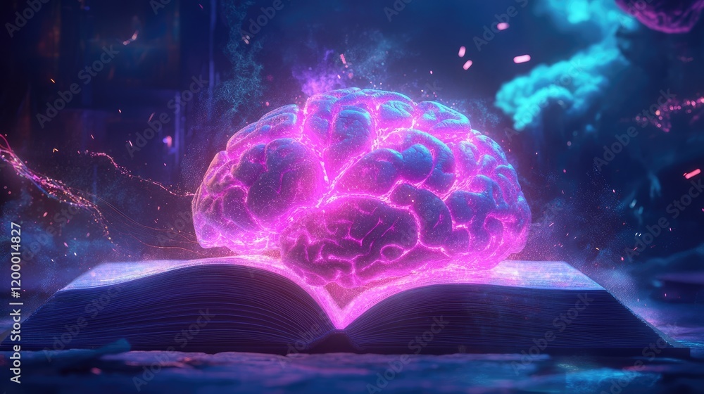 Poster glowing brain emerging from an open book