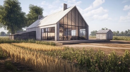 Obraz premium A sleek farmhouse design with a monochromatic color scheme, large glass walls, and a minimalist approach to decor. The interior features light wood flooring, white walls, and simple furniture 
