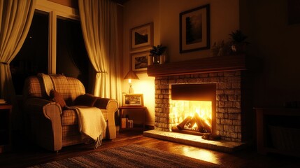 Cozy Living Room Fireplace Scene At Night