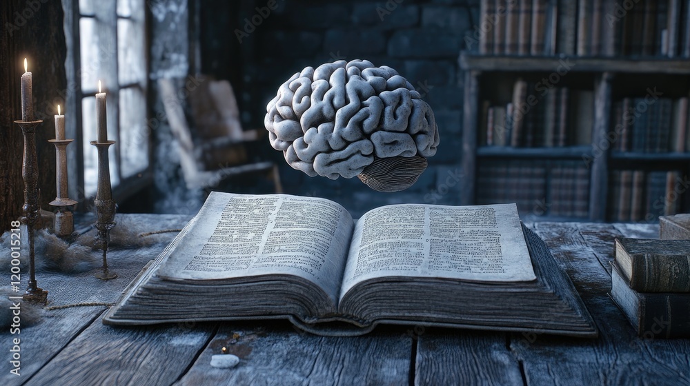 Poster a brain hovers above an ancient open book