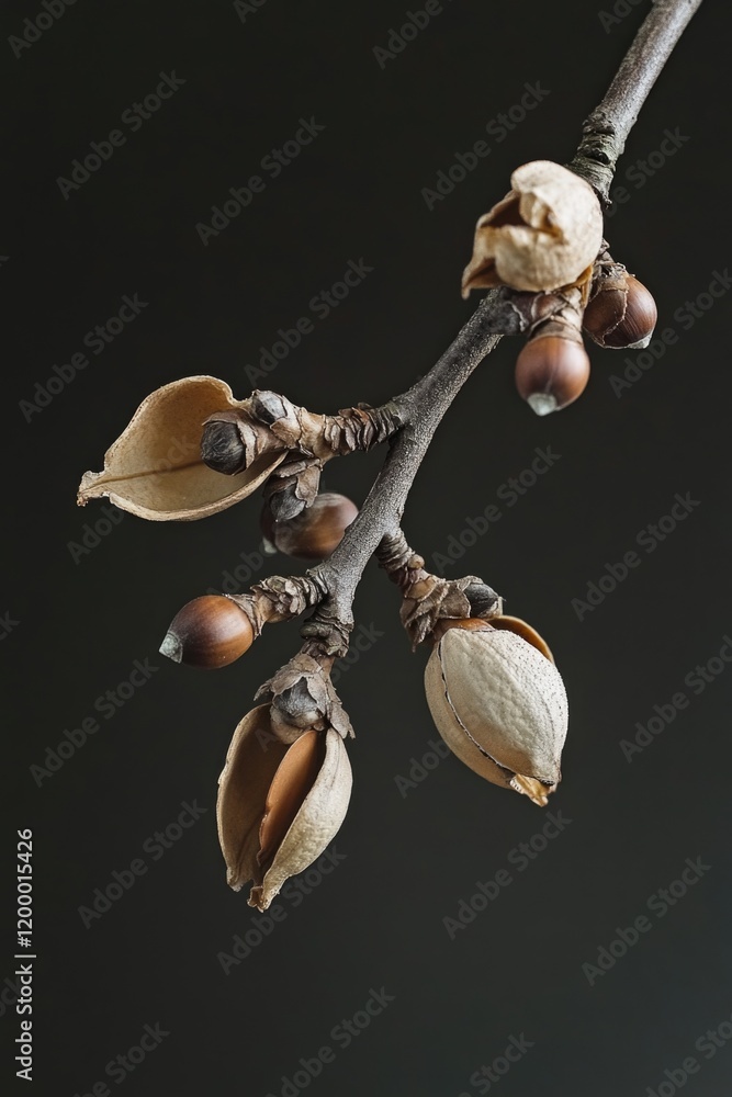 Poster a tree branch covered with various types of nuts