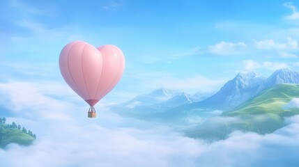 Fototapeta premium Pink balloon soaring above majestic mountain peaks, journey of dreams and exploration