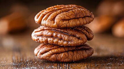 Stacked pecans, rustic wood, blurred background, food photography.