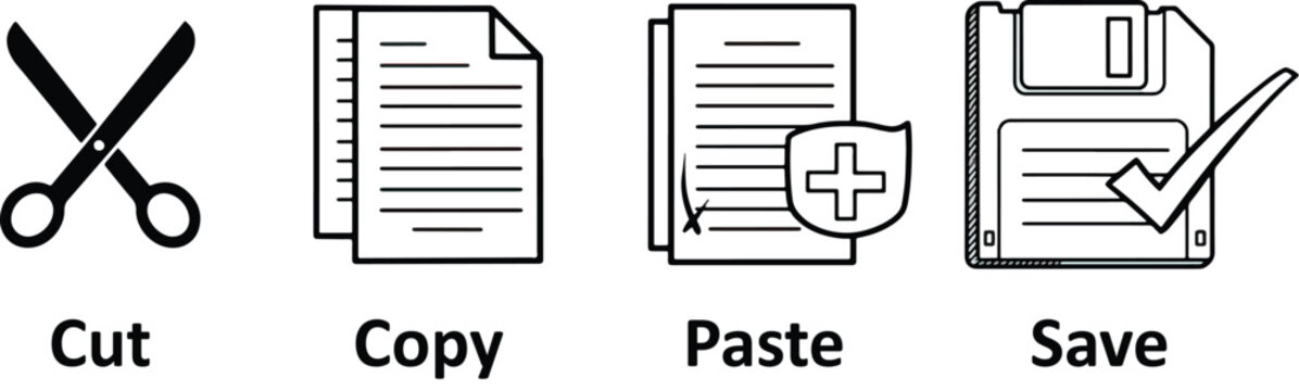 Cut, copy, paste and save  icon symbol ,Set of Simple Flat Copy Paste Icon Illustration Design, Copy Paste Symbol Collection with Outlined Style Template Vector