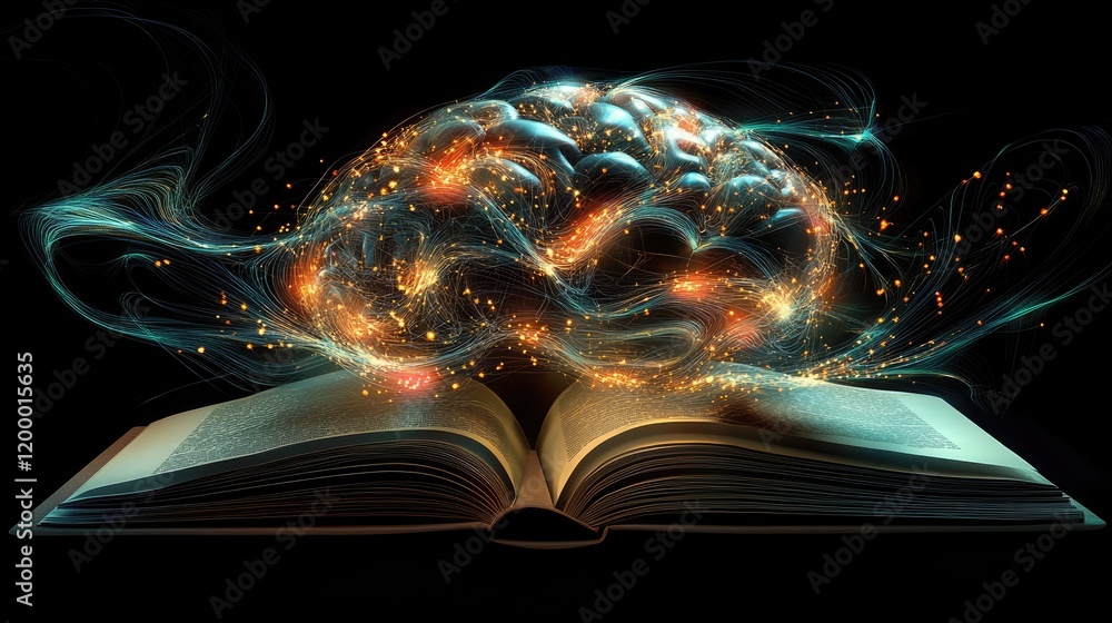 Poster illuminated brain emerging from open book