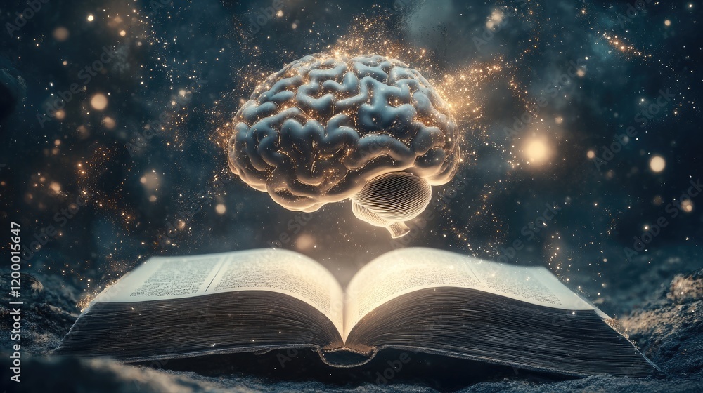 Poster glowing brain above open ancient book knowledge