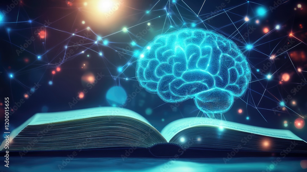 Poster illuminated brain above open book represents knowledge and learning