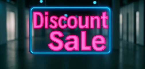 Bright neon sign displaying a discount sale in a modern commercial setting, attracting customers with vibrant colors.