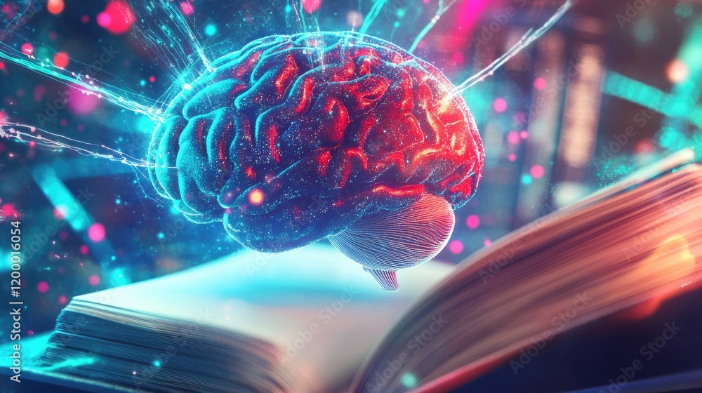 Poster glowing brain hovers above open book illuminating knowledge