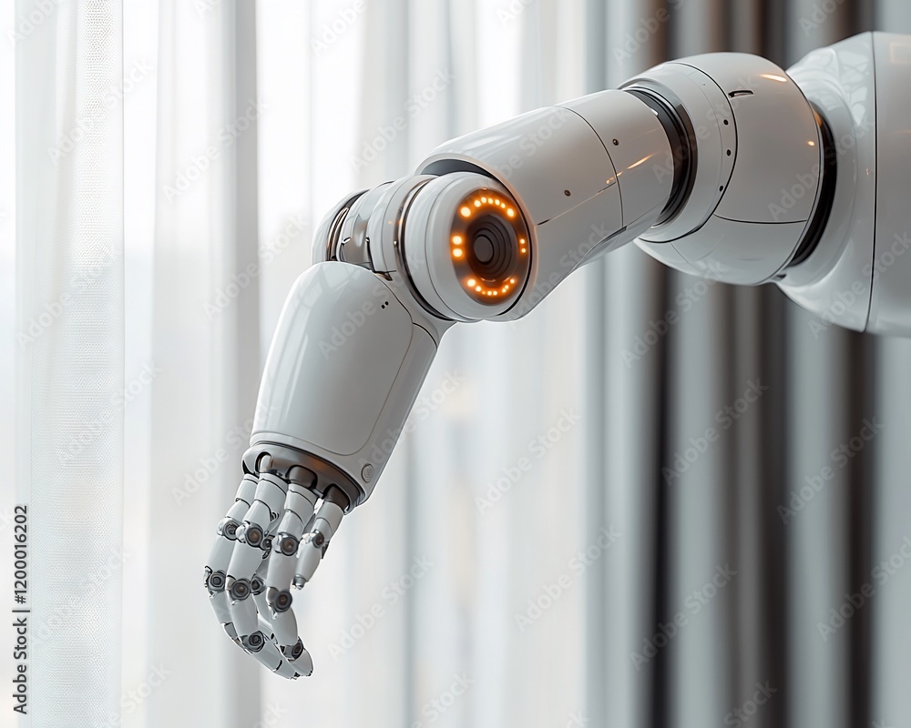 Poster robotic arm with hand gesturing near window.