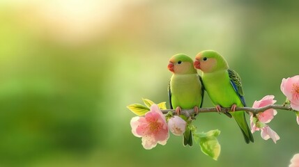 Two green birds amidst pink blossoms, captivating scene of nature's beauty two